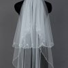 Wedding Veils | Pearl/Sequin Beaded Edge Two Tier Tulle Bridal Fingertip Length Wedding Veil With Blusher Ivory – Girls