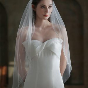 Wedding Veils | Rhinestones Cut Edge Single Tier Tulle Bridal Fingertip Length Wedding Veil Ivory – Girls