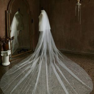 Wedding Veils | Rhinestones Cut Edge Two Tier Tulle Bridal Cathedral Length Wedding Veil With Blusher Ivory – Girls