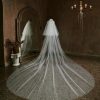 Wedding Veils | Rhinestones Cut Edge Two Tier Tulle Bridal Cathedral Length Wedding Veil With Blusher Ivory – Girls