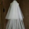 Wedding Veils | Rhinestones Cut Edge Two Tier Tulle Bridal Cathedral Length Wedding Veil With Blusher Ivory – Girls