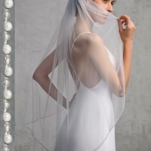 Wedding Veils | Rhinestones Pearl Trim Edge Single Tier Tulle Bridal Fingertip Length Wedding Veil Ivory – Girls