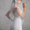 Wedding Veils | Rhinestones Pearl Trim Edge Single Tier Tulle Bridal Fingertip Length Wedding Veil Ivory – Girls