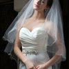 Wedding Veils | Rhinestones Pencil Edge Two Tier Tulle Bridal Elbow Length Wedding Veil With Blusher White – Girls