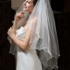 Wedding Veils | Rhinestones Pencil Edge Two Tier Tulle Bridal Elbow Length Wedding Veil With Blusher White – Girls