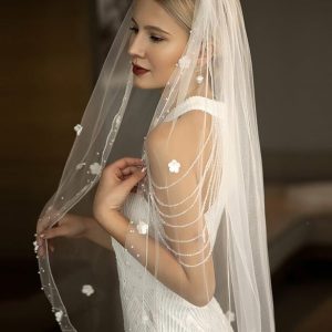 Wedding Veils | Satin Flower/Floral Pencil Edge Single Tier Tulle Bridal Fingertip Length Wedding Veil Ivory – Girls