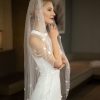 Wedding Veils | Satin Flower/Floral Pencil Edge Single Tier Tulle Bridal Fingertip Length Wedding Veil Ivory – Girls