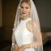 Wedding Veils | Satin Flower/Floral Pencil Edge Single Tier Tulle Bridal Fingertip Length Wedding Veil Ivory – Girls