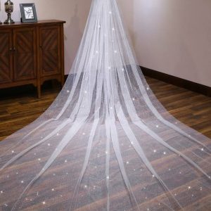 Wedding Veils | Sequin Cut Edge Single Tier Tulle Bridal Cathedral Length Wedding Veil White – Girls