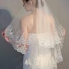 Wedding Veils | Sequin Lace Edge Two Tier Tulle Bridal Fingertip Length Wedding Veil With Blusher Ivory – Girls