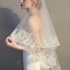 Wedding Veils | Sequin Lace Edge Two Tier Tulle Bridal Fingertip Length Wedding Veil With Blusher Ivory – Girls