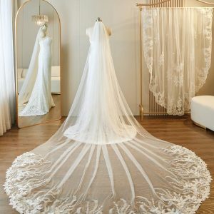 Wedding Veils | Sequin/Lace Lace Edge Single Tier Tulle Bridal Cathedral Length Wedding Veil Ivory – Girls