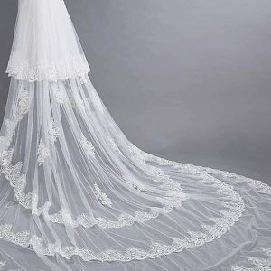 Wedding Veils | Sequin/Lace Lace Edge Two Tier Tulle Bridal Cathedral Length Wedding Veil With Blusher White – Girls