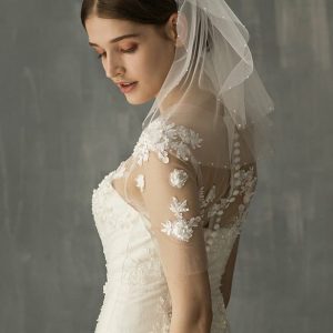 Wedding Veils | Simple Beaded Edge Two Tier Tulle Bridal Shoulder Length Wedding Veil Ivory – Girls