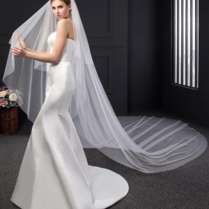 Wedding Veils | Simple Cut Edge Two Tier Tulle Bridal Cathedral Length Wedding Veil With Blusher White – Girls