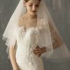 Wedding Veils | Simple Cut Edge Two Tier Tulle Bridal Fingertip Length Wedding Veil With Blusher Ivory – Girls