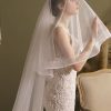 Wedding Veils | Simple Horsehair Edge Two Tier Tulle Bridal Cathedral Length Wedding Veil With Blusher Ivory – Girls