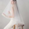 Wedding Veils | Simple Horsehair Edge Two Tier Tulle Bridal Fingertip Length Wedding Veil With Blusher White – Girls