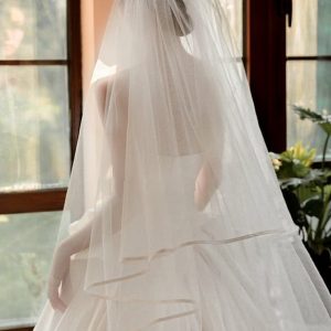 Wedding Veils | Simple Satin Edge Two Tier Tulle Bridal Cathedral Length Wedding Veil With Blusher Ivory – Girls