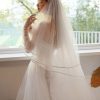 Wedding Veils | Simple Satin Edge Two Tier Tulle Bridal Cathedral Length Wedding Veil With Blusher Ivory – Girls