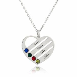 Name Necklaces | Custom Silver Family Heart Four Engraved Necklace Birthday Gifts Silver – Womens