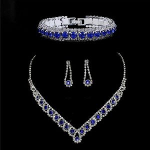 Wedding & Party Jewelry | Elegant Rhinestone Bangles Drop Earrings Necklace Jewelry Sets Royal Blue – Womens