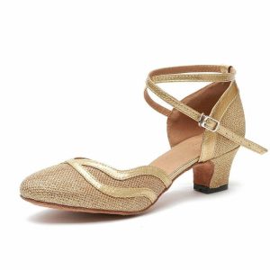 Dance Shoes | Women’s Ballroom Shoes Buckle Low Heel Glitter Indoor Dance Shoes Gold – Womens