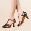 Dance Shoes | Women’s Ballroom Shoes T-Strap High Heel Leather Indoor Color Block Dance Shoes Brown – Womens