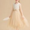 Flower Girl Dresses | A-line Boat Neck Tea-Length Lace/Tulle Flower Girl Dress Champagne – Girls