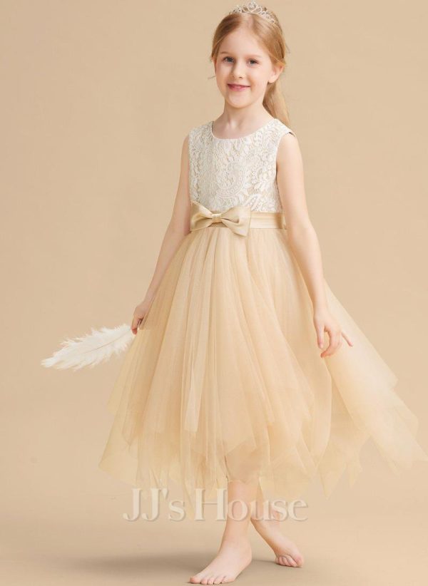 Flower Girl Dresses | A-line Boat Neck Tea-Length Lace/Tulle Flower Girl Dress Champagne – Girls