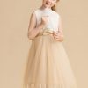 Flower Girl Dresses | A-line Boat Neck Tea-Length Lace/Tulle Flower Girl Dress Champagne – Girls