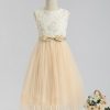 Flower Girl Dresses | A-line Boat Neck Tea-Length Lace/Tulle Flower Girl Dress Champagne – Girls