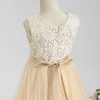 Flower Girl Dresses | A-line Boat Neck Tea-Length Lace/Tulle Flower Girl Dress Champagne – Girls