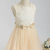 Flower Girl Dresses | A-line Boat Neck Tea-Length Lace/Tulle Flower Girl Dress Champagne – Girls