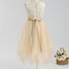 Flower Girl Dresses | A-line Boat Neck Tea-Length Lace/Tulle Flower Girl Dress Champagne – Girls