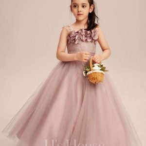 Flower Girl Dresses | A-line Square Floor-Length Lace/Tulle Flower Girl Dress Dusty Rose – Girls