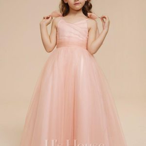 Flower Girl Dresses | A-line V-Neck Floor-Length Tulle Flower Girl Dress Pearl Pink – Girls