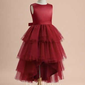 Flower Girl Dresses | Ball-Gown/Princess Scoop Asymmetrical Satin/Tulle Flower Girl Dress Burgundy – Girls