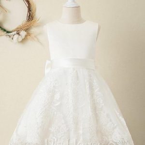 Flower Girl Dresses | Ball-Gown/Princess Scoop Knee-Length Lace/Satin Flower Girl Dress Ivory – Girls