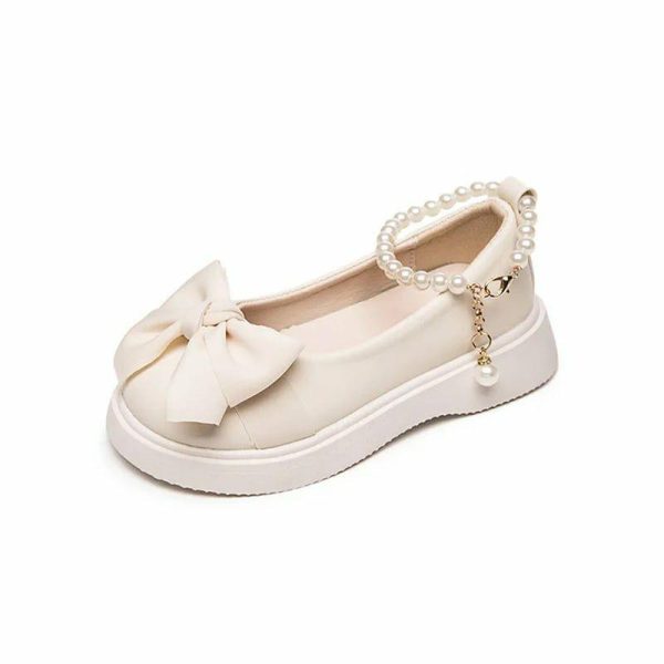 Shoes | Girl’s Flower Girl Shoes Wedding Party Bowknot Chain Pearl Faux Leather Round Toe Flat Heel Shoes White – Girls