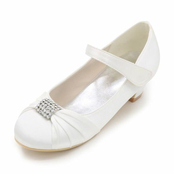 Shoes | Girl’s Flower Girl Shoes Wedding Party Mary Jane Rhinestone Satin Round Toe Low Heel Shoes White – Girls