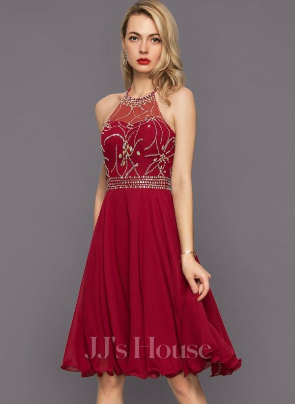 Birthday | A-line Halter Knee-Length Chiffon Cocktail Dress With Beading Sequins Burgundy – Womens