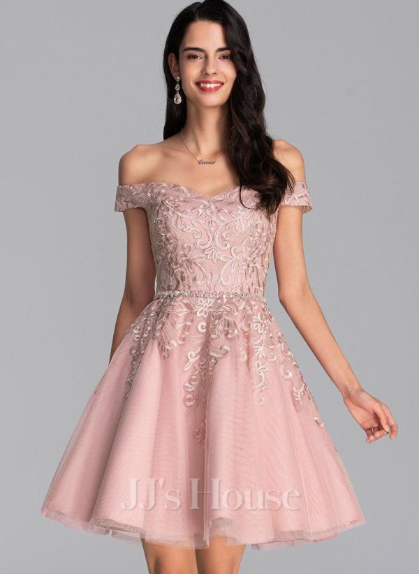 Birthday | A-line Off the Shoulder Short Tulle Homecoming Dress With Sequins Beading Dusty Rose – Womens