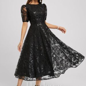 Birthday | A-line Scoop Tea-Length Sequin Lace Cocktail Dress Black – Womens