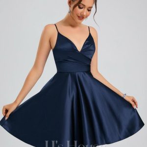 Birthday | A-line V-Neck Short Satin Homecoming Dress Dark Navy – Womens