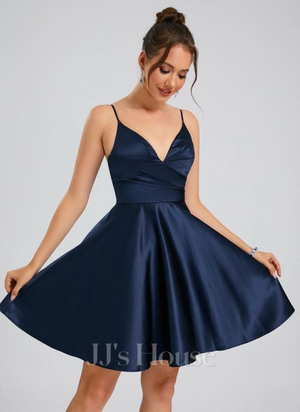 Birthday | A-line V-Neck Short Satin Homecoming Dress Dark Navy – Womens