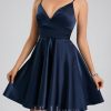 Birthday | A-line V-Neck Short Satin Homecoming Dress Dark Navy – Womens