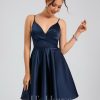 Birthday | A-line V-Neck Short Satin Homecoming Dress Dark Navy – Womens