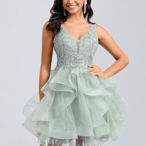 Birthday | Ball-Gown/Princess V-Neck Short Tulle Lace Homecoming Dress As Picture – Womens