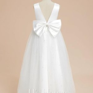 Flower Girl Dresses | A-line V-Neck Ankle-Length Satin/Tulle Flower Girl Dress Ivory – Girls